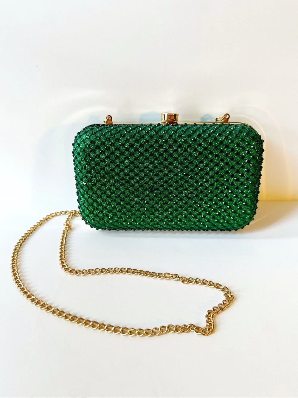 Green Crystal Evening Clutch with Gold Chain Strap